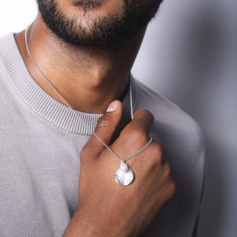 Men's Hammered Disc & White Freshwater Pearl Pendant