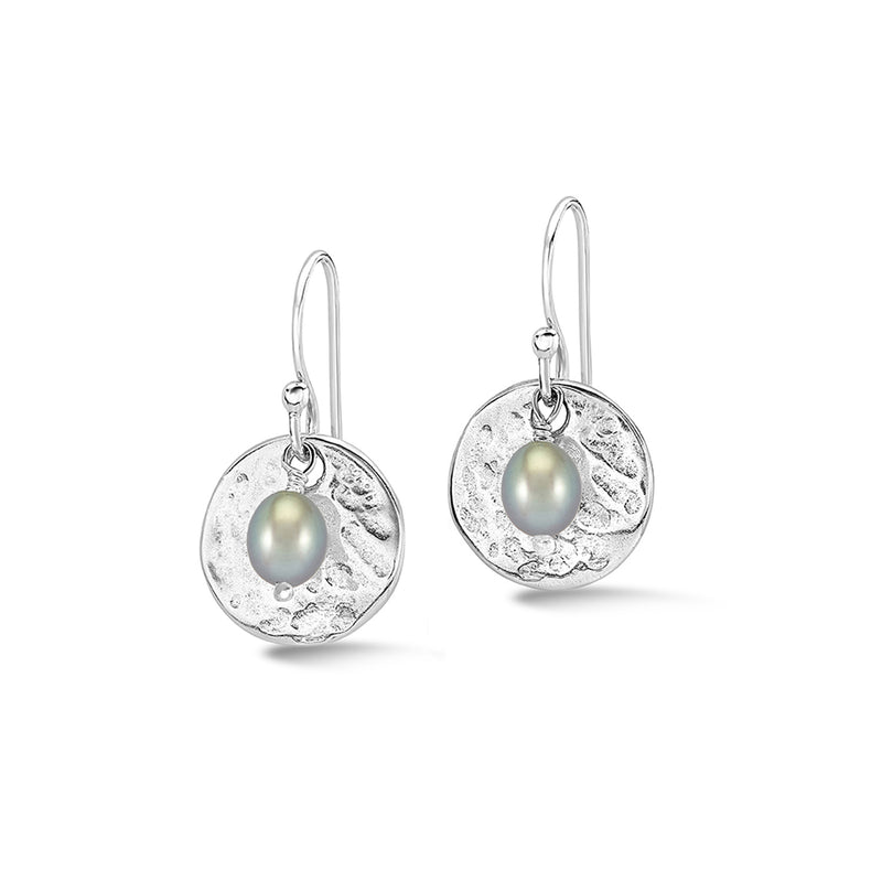 PLE225-S-DGP-Dower-and-Hall-Sterling-Silver-Hammered-Disc-and-Dove-Grey-Freshwater-Pearl-Nomad-Earrings