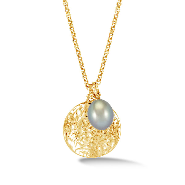 PLP225-V-DGP-Dower-and-Hall-Yellow-Gold-Vermeil-Hammered-Disc-and-Dove-Grey-Freshwater-Pearl-Nomad-Pendant