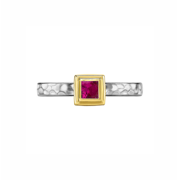 3mm Square Ruby Hammered Twinkle Ring