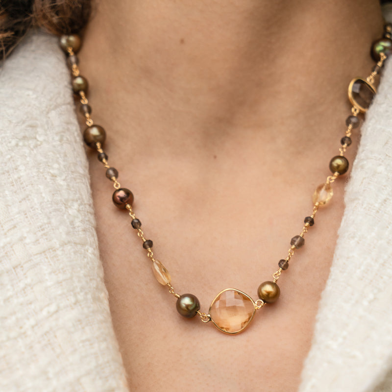 Mixed Gemstone & Brown Pearl Array Necklace