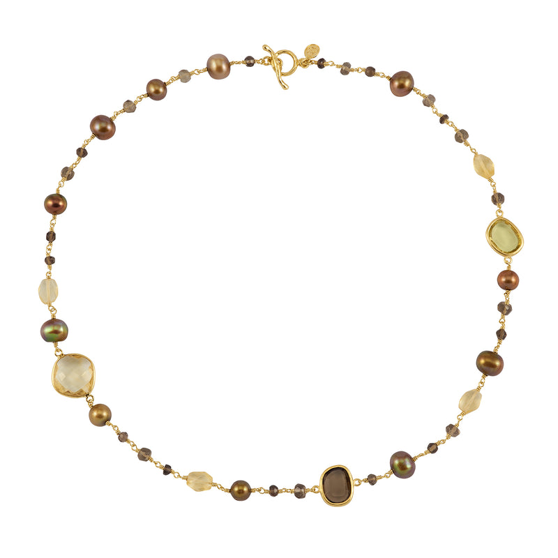 Mixed Gemstone & Brown Pearl Array Necklace